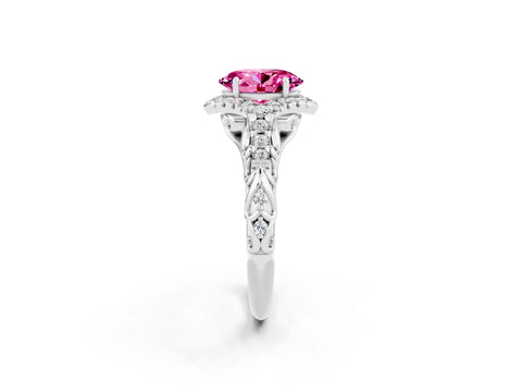 White gold Oval Cut Pink Sapphire Solitaire Ring with Hidden Halo and Pavé Band_14