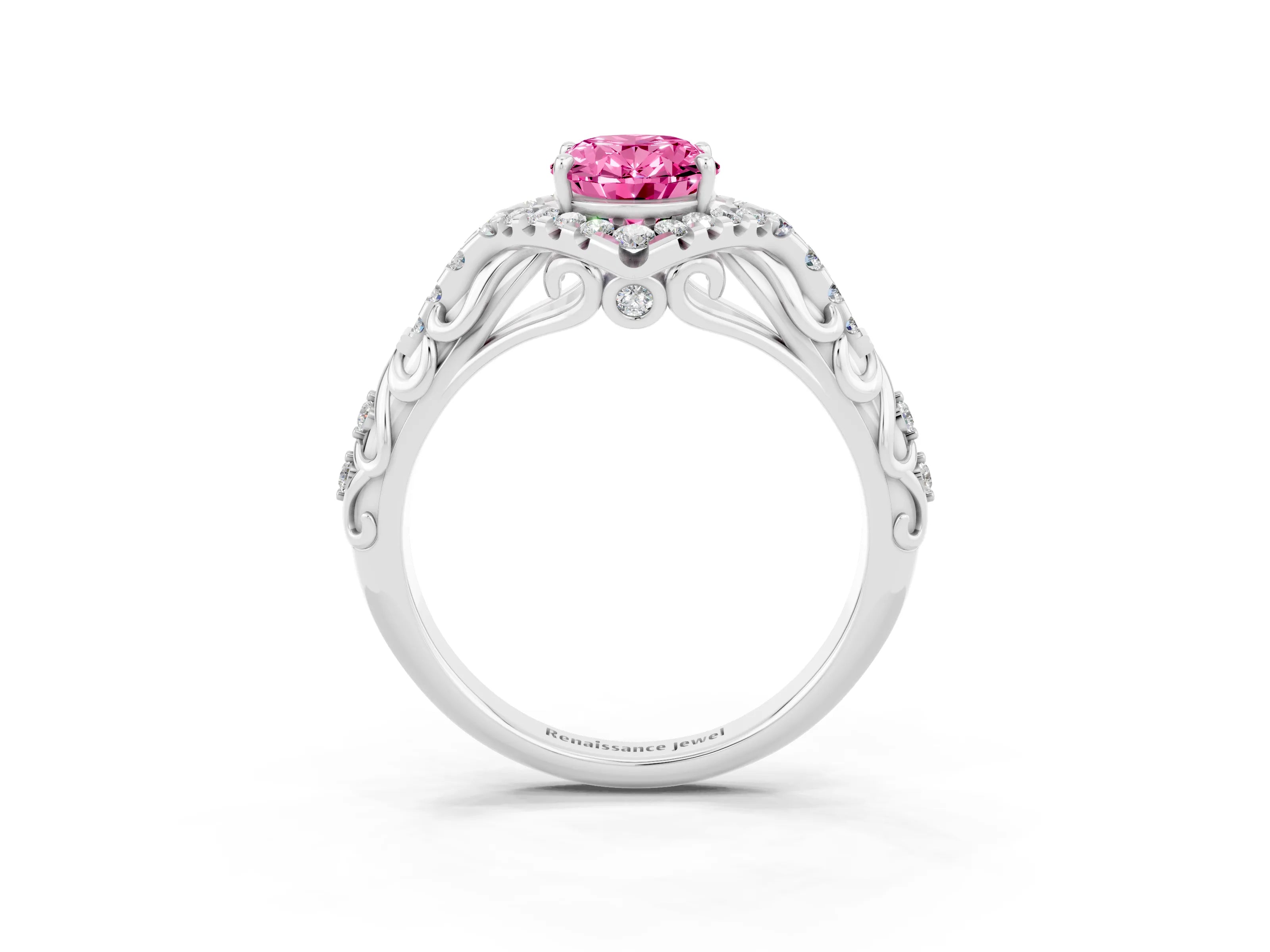 White gold Oval Cut Pink Sapphire Solitaire Ring with Hidden Halo and Pavé Band_15