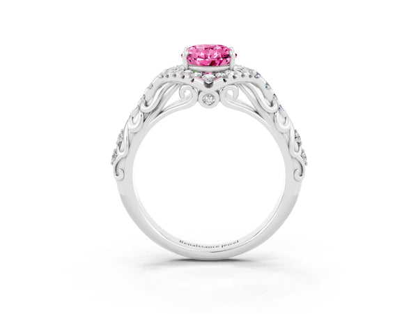 Silver Oval Cut Pink Sapphire Solitaire Ring with Hidden Halo and Pavé Band