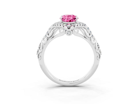 White gold Oval Cut Pink Sapphire Solitaire Ring with Hidden Halo and Pavé Band_15