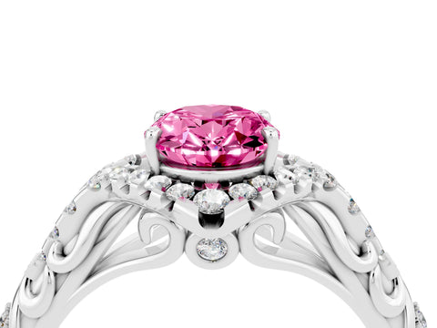 White gold Oval Cut Pink Sapphire Solitaire Ring with Hidden Halo and Pavé Band_16