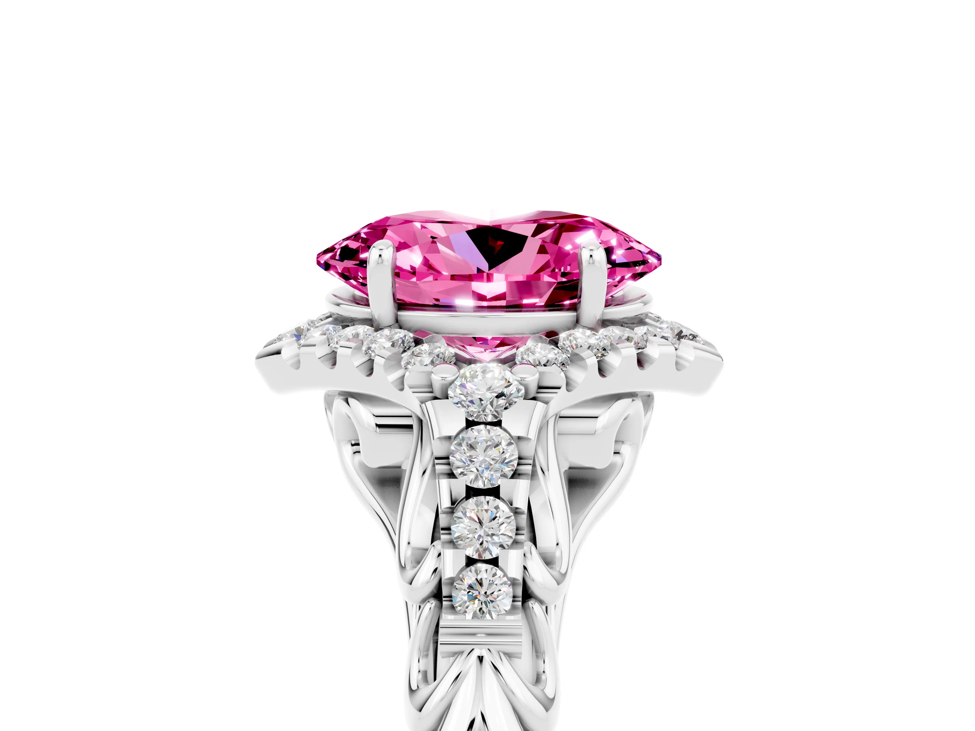 White gold Oval Cut Pink Sapphire Solitaire Ring with Hidden Halo and Pavé Band_17