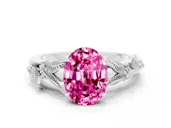 Platinum Oval Cut Pink Sapphire Solitaire Ring with Leaf Motif Band and Four-Prong Setting