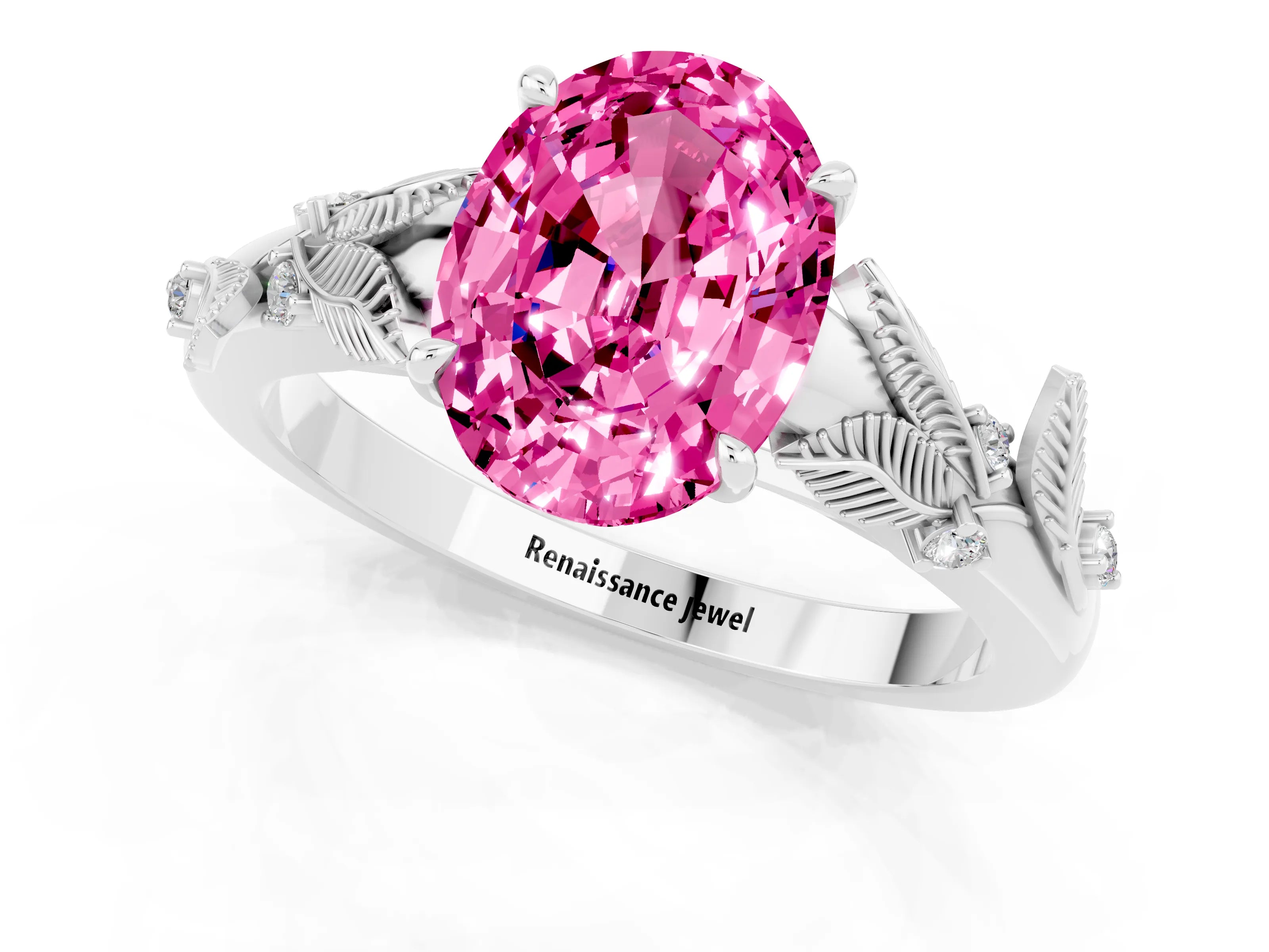 White gold Oval Cut Pink Sapphire Solitaire Ring with Leaf Motif Band and Four-Prong Setting_1
