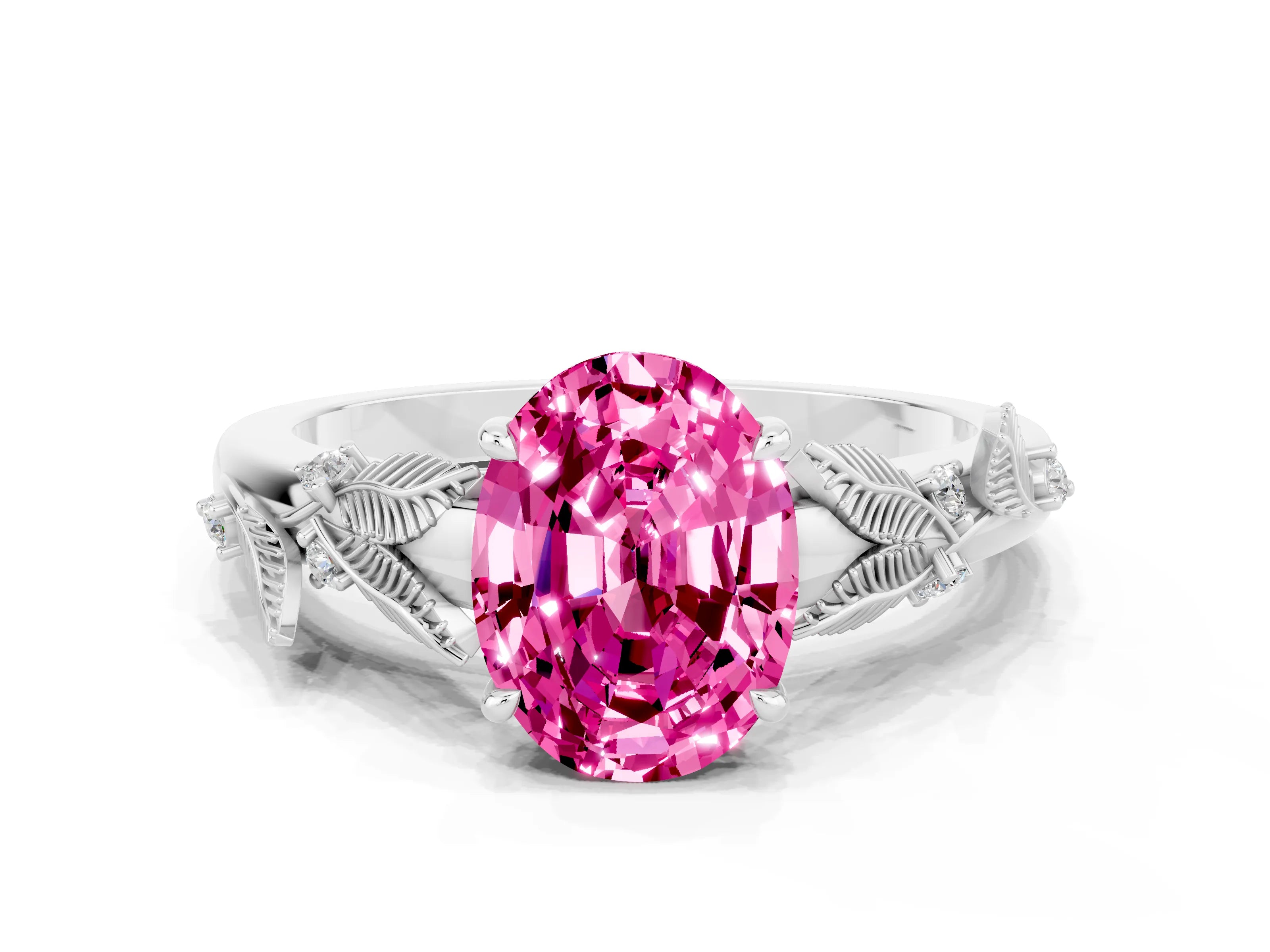 White gold Oval Cut Pink Sapphire Solitaire Ring with Leaf Motif Band and Four-Prong Setting_12
