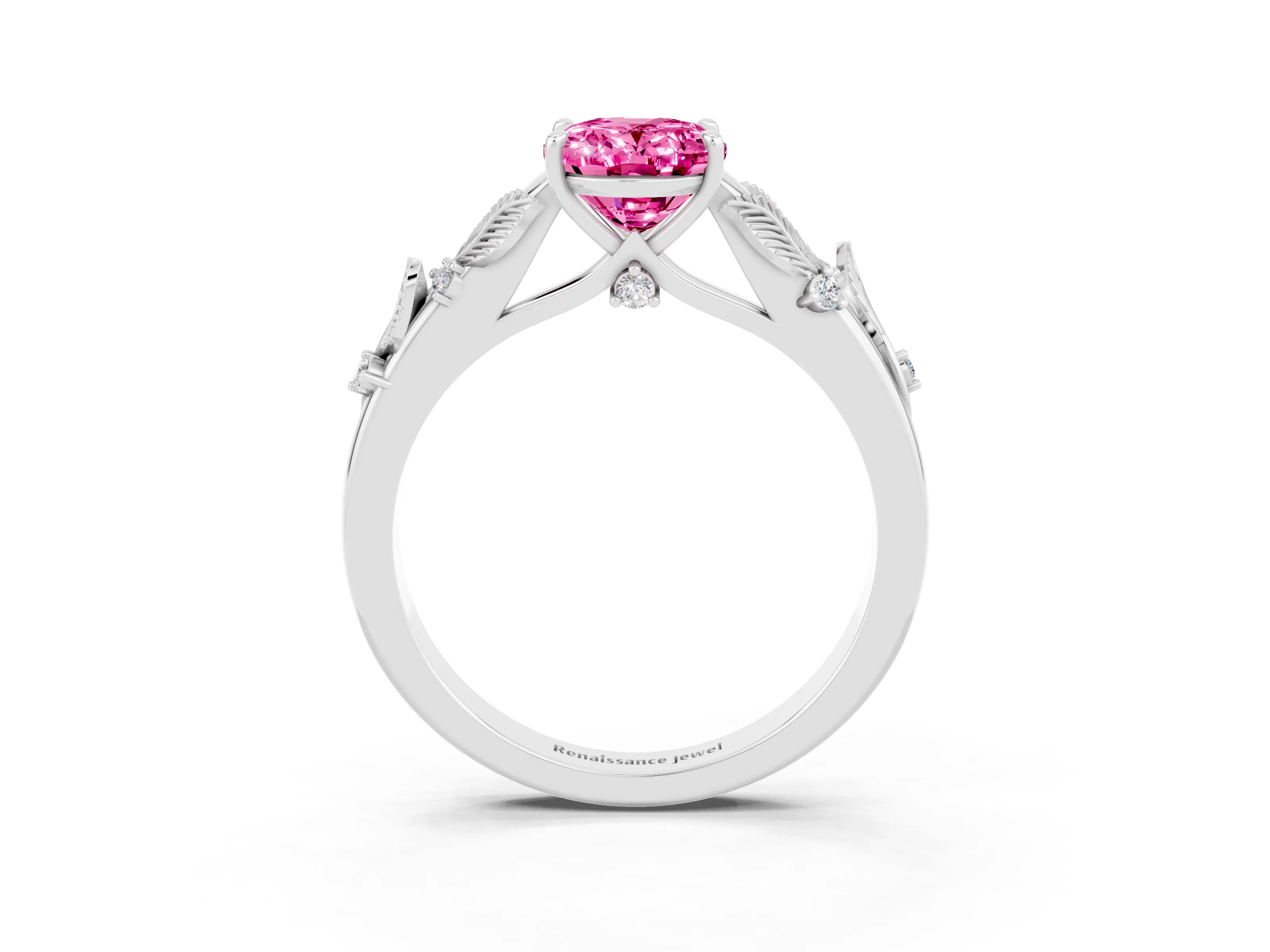 White gold Oval Cut Pink Sapphire Solitaire Ring with Leaf Motif Band and Four-Prong Setting_15