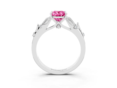 White gold Oval Cut Pink Sapphire Solitaire Ring with Leaf Motif Band and Four-Prong Setting_15