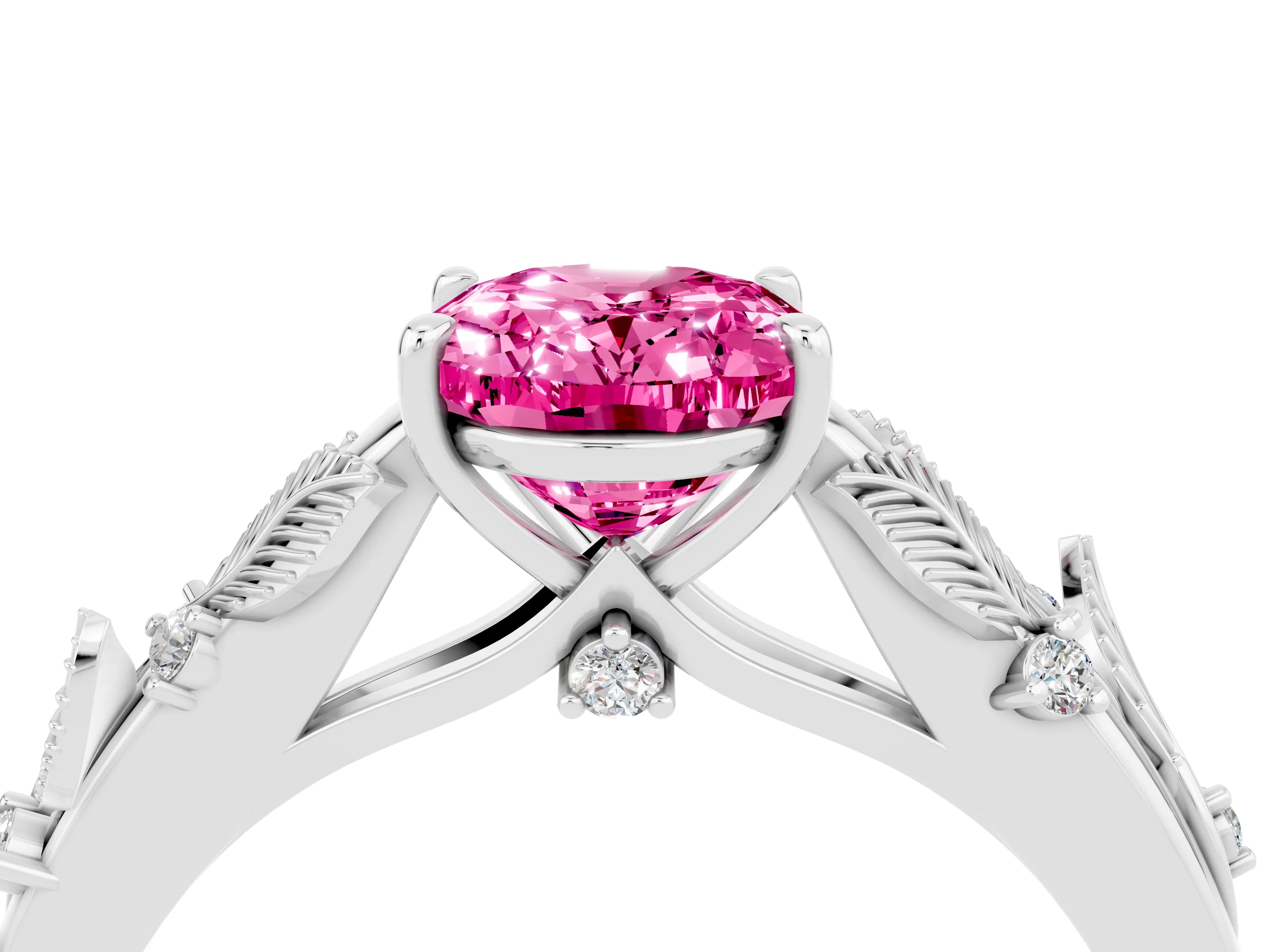 White gold Oval Cut Pink Sapphire Solitaire Ring with Leaf Motif Band and Four-Prong Setting_16