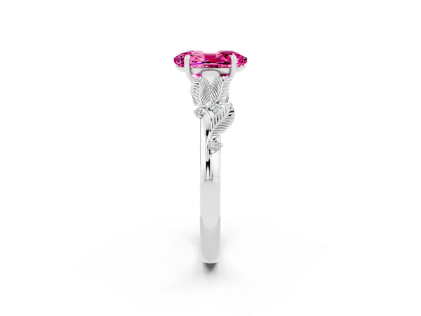 Silver Oval Cut Pink Sapphire Solitaire Ring with Leaf Motif Band and Four-Prong Setting