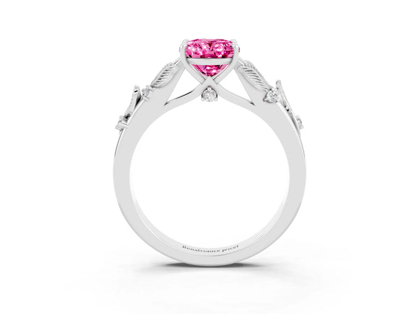 Platinum Oval Cut Pink Sapphire Solitaire Ring with Leaf Motif Band and Four-Prong Setting