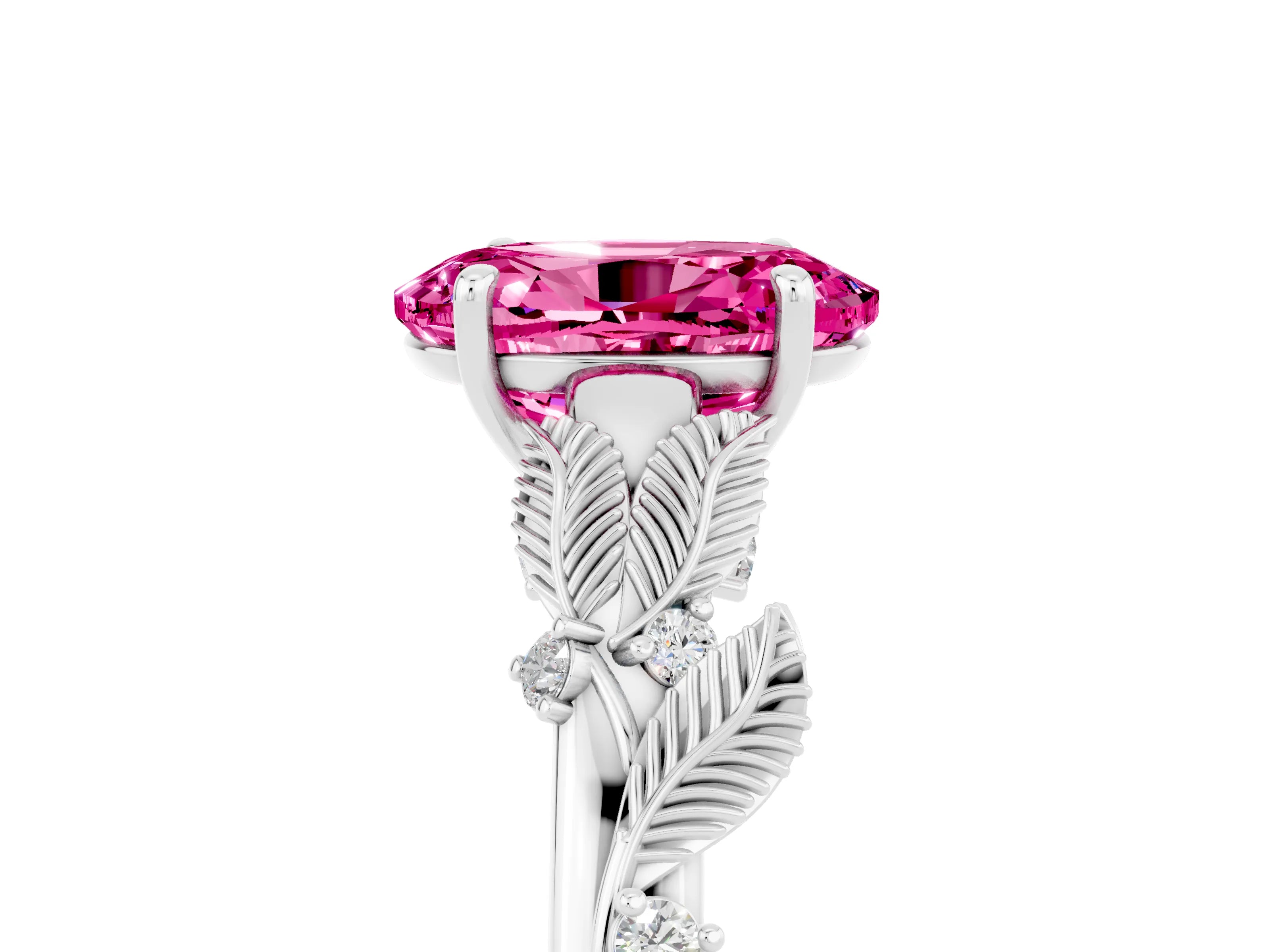 White gold Oval Cut Pink Sapphire Solitaire Ring with Leaf Motif Band and Four-Prong Setting_5