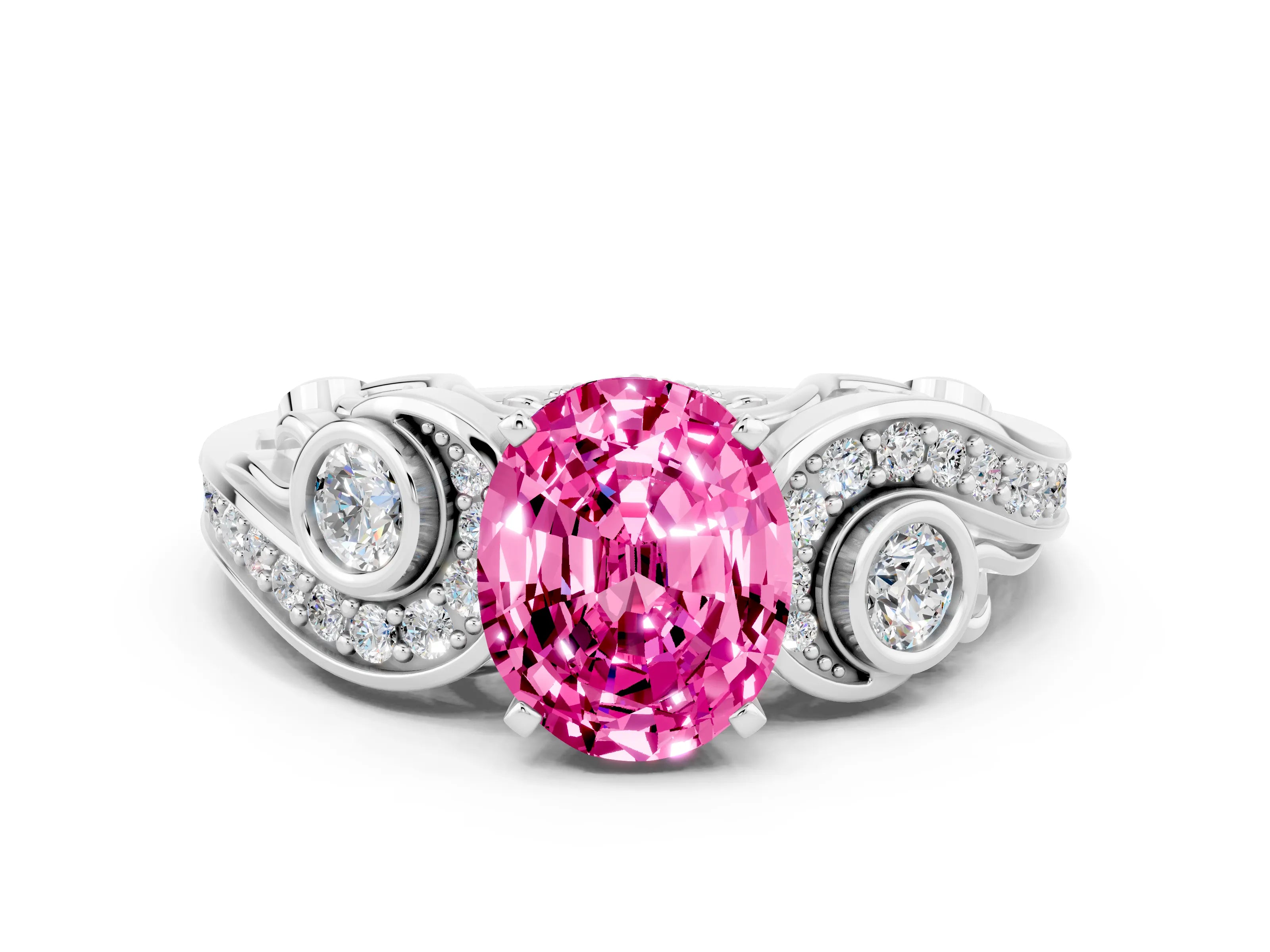 White gold Oval Cut Pink Sapphire Solitaire Ring with Milgrain Pavé Band and Four-Prong Setting_12