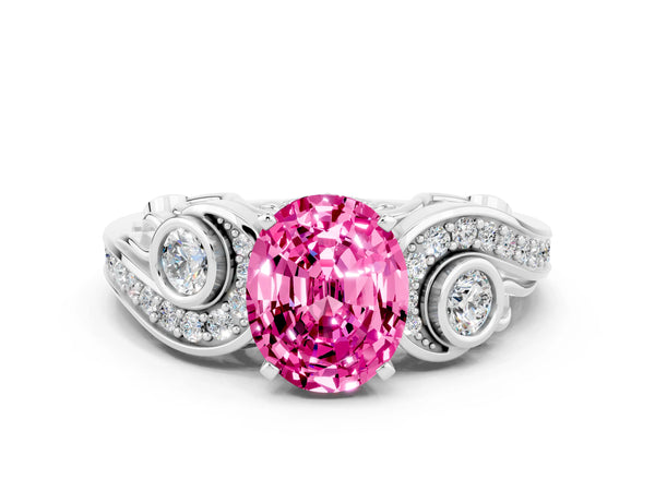 Platinum Oval Cut Pink Sapphire Solitaire Ring with Milgrain Pavé Band and Four-Prong Setting