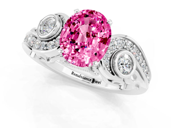 Platinum Oval Cut Pink Sapphire Solitaire Ring with Milgrain Pavé Band and Four-Prong Setting