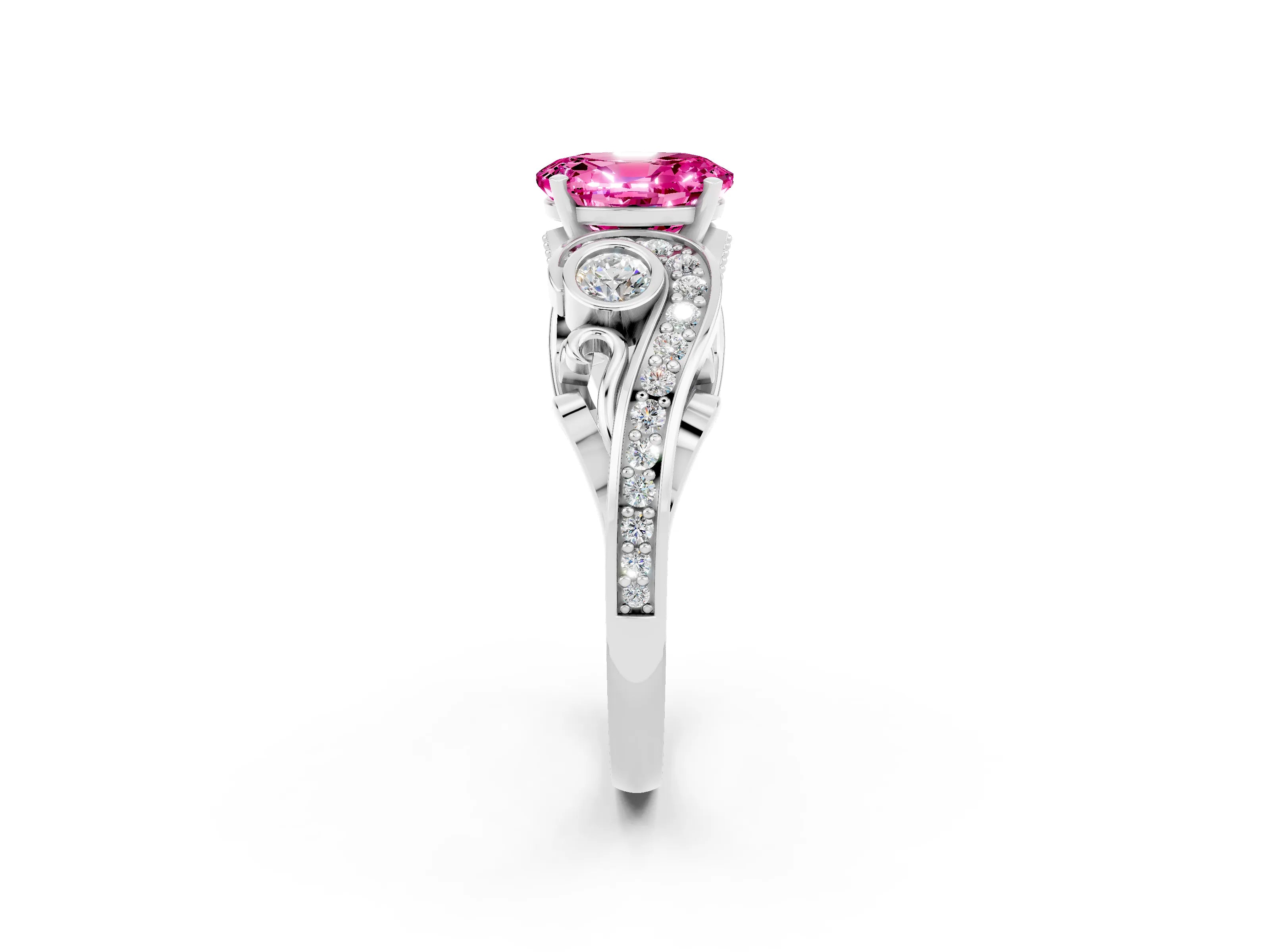 White gold Oval Cut Pink Sapphire Solitaire Ring with Milgrain Pavé Band and Four-Prong Setting_14