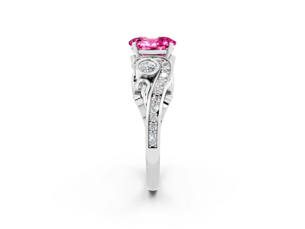 Silver Oval Cut Pink Sapphire Solitaire Ring with Milgrain Pavé Band and Four-Prong Setting