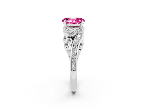 White gold Oval Cut Pink Sapphire Solitaire Ring with Milgrain Pavé Band and Four-Prong Setting_14