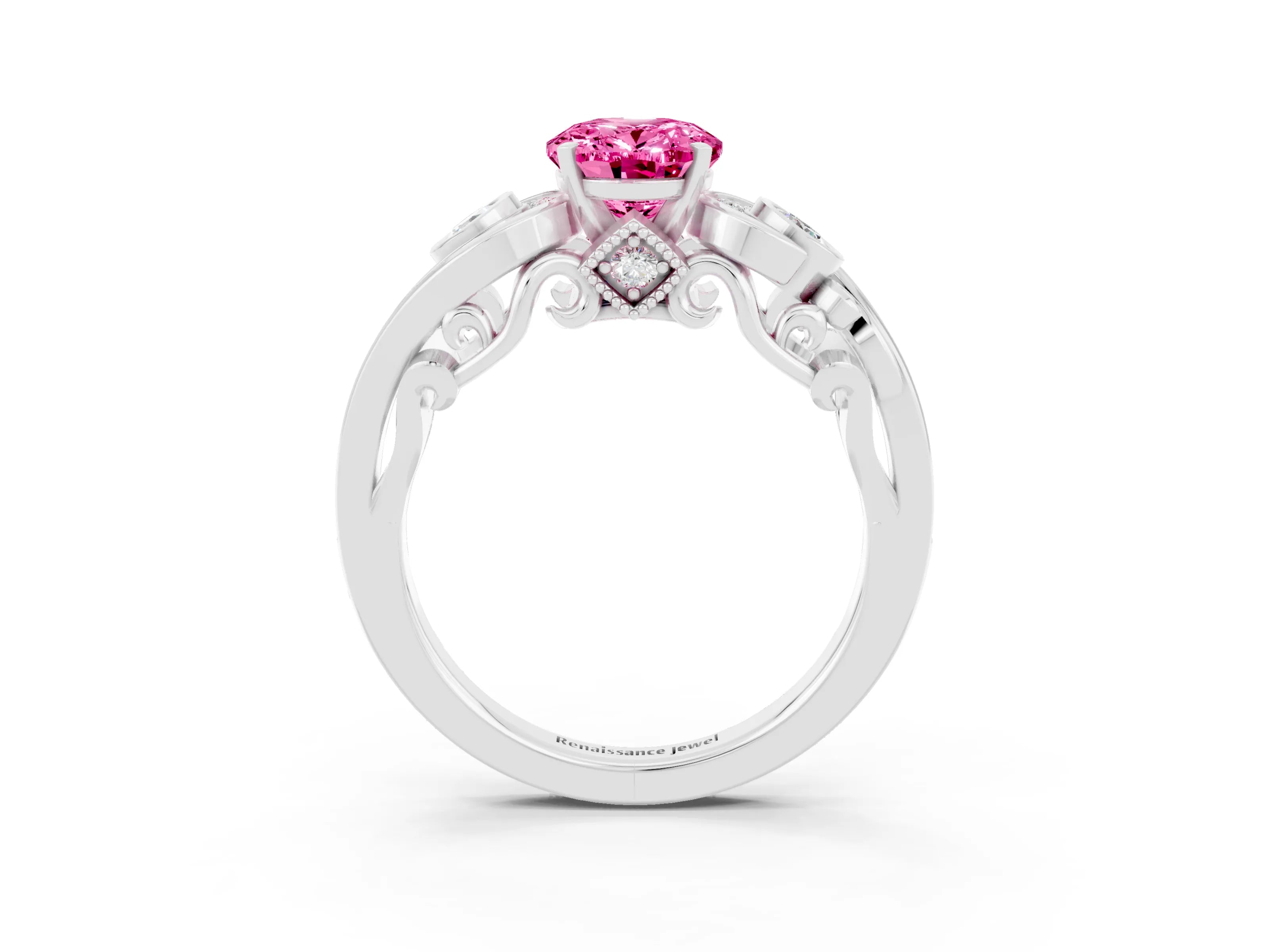 White gold Oval Cut Pink Sapphire Solitaire Ring with Milgrain Pavé Band and Four-Prong Setting_15
