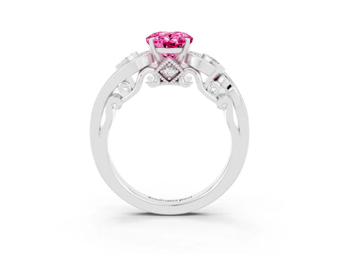 White gold Oval Cut Pink Sapphire Solitaire Ring with Milgrain Pavé Band and Four-Prong Setting_15