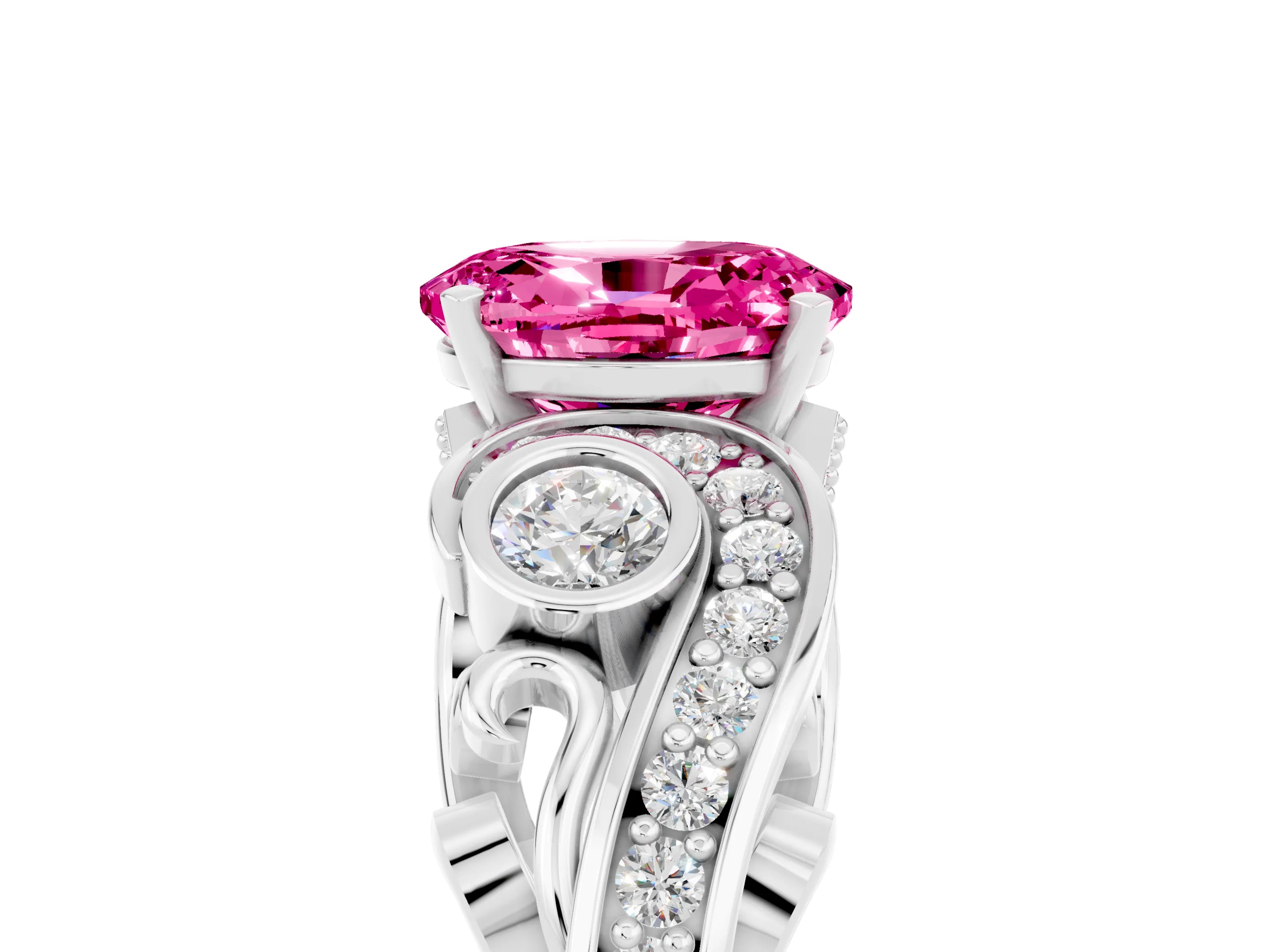 White gold Oval Cut Pink Sapphire Solitaire Ring with Milgrain Pavé Band and Four-Prong Setting_17