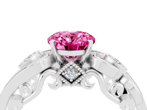 White gold Oval Cut Pink Sapphire Solitaire Ring with Milgrain Pavé Band and Four-Prong Setting_52