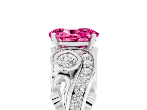 White gold Oval Cut Pink Sapphire Solitaire Ring with Milgrain Pavé Band and Four-Prong Setting_53