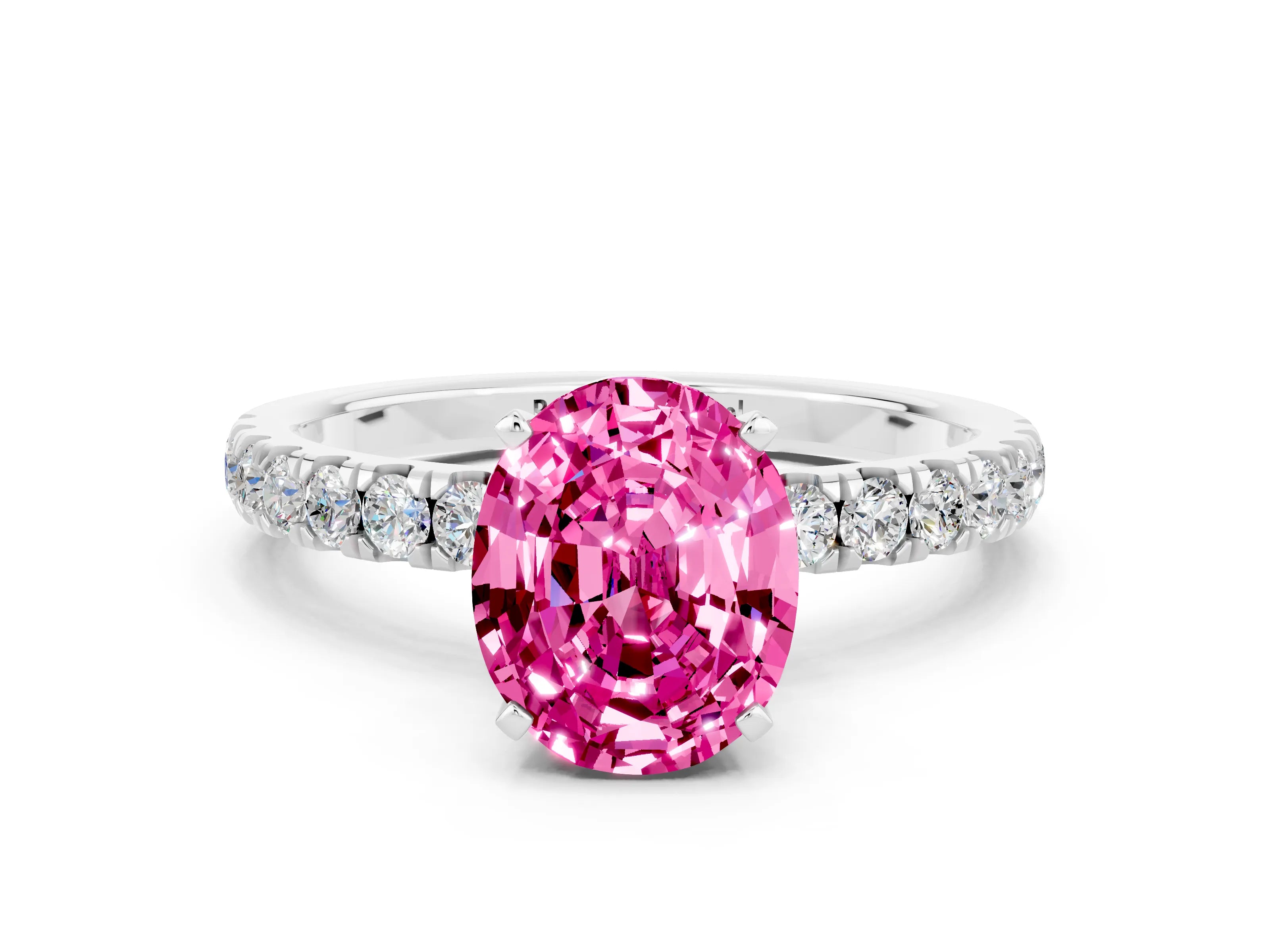 White gold Oval Cut Pink Sapphire Solitaire Ring with Pavé Accents and Four-Prong Setting_24