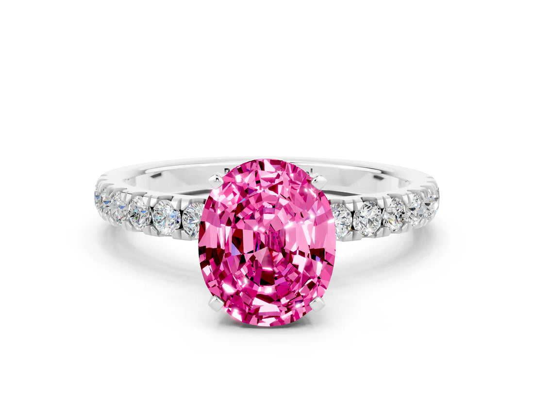 White gold Oval Cut Pink Sapphire Solitaire Ring with Pavé Accents and Four-Prong Setting_24