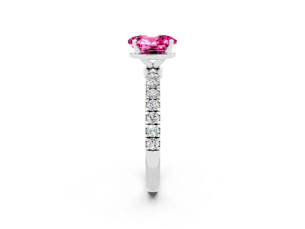 Silver Oval Cut Pink Sapphire Solitaire Ring with Pavé Accents and Four-Prong Setting
