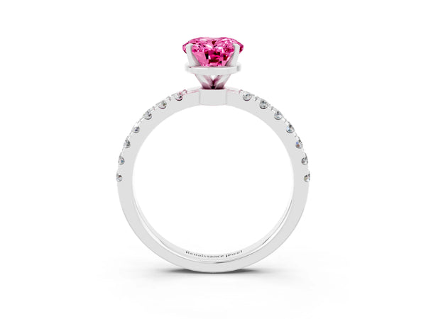 Silver Oval Cut Pink Sapphire Solitaire Ring with Pavé Accents and Four-Prong Setting