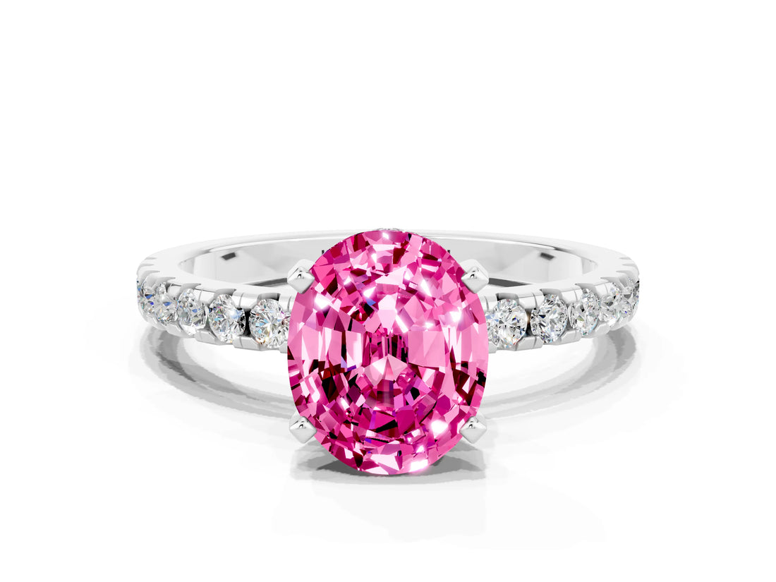 White gold Oval Cut Pink Sapphire Solitaire Ring with Pavé Band and Four-Prong Setting_60
