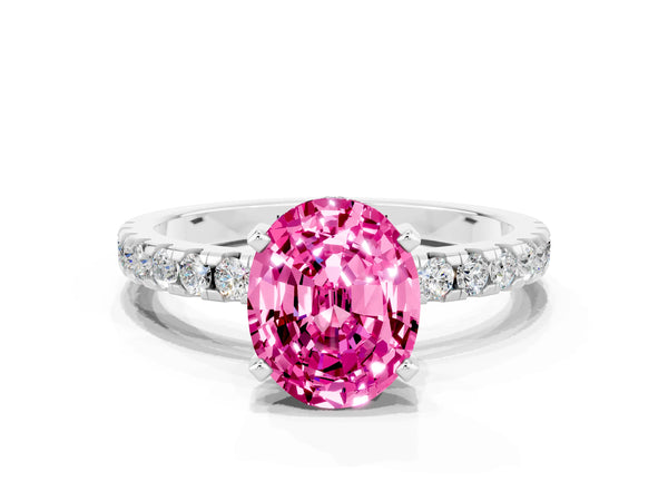 Silver Oval Cut Pink Sapphire Solitaire Ring with Round  Pavé Band and Four-Prong Setting