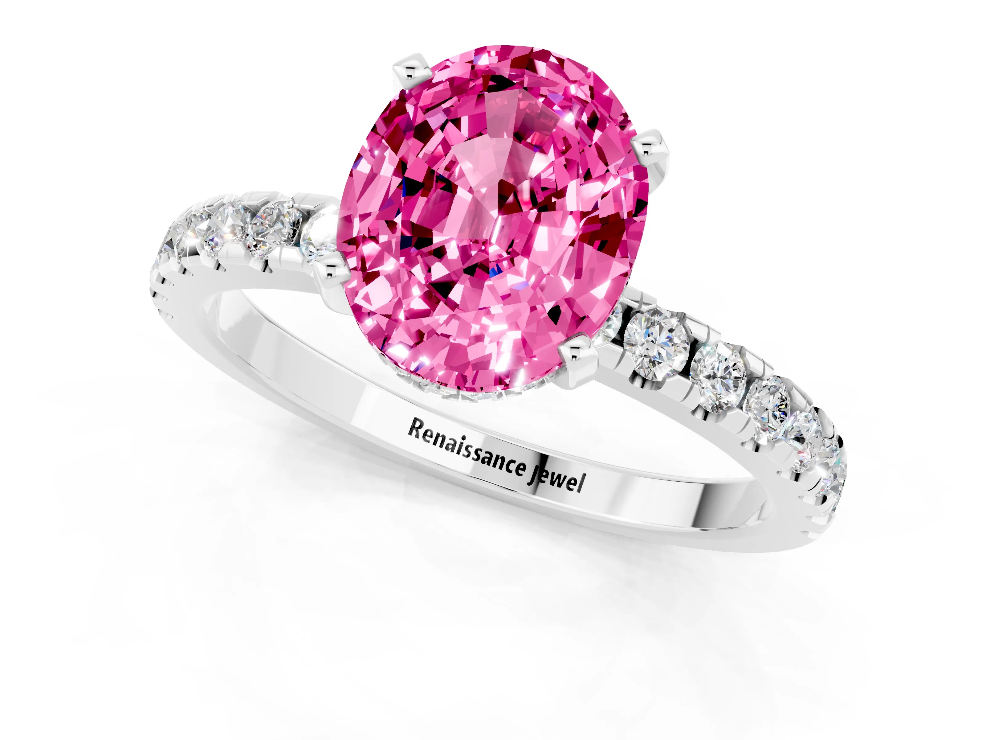 White gold Oval Cut Pink Sapphire Solitaire Ring with Pavé Band and Four-Prong Setting_61