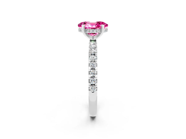 Silver Oval Cut Pink Sapphire Solitaire Ring with Round  Pavé Band and Four-Prong Setting