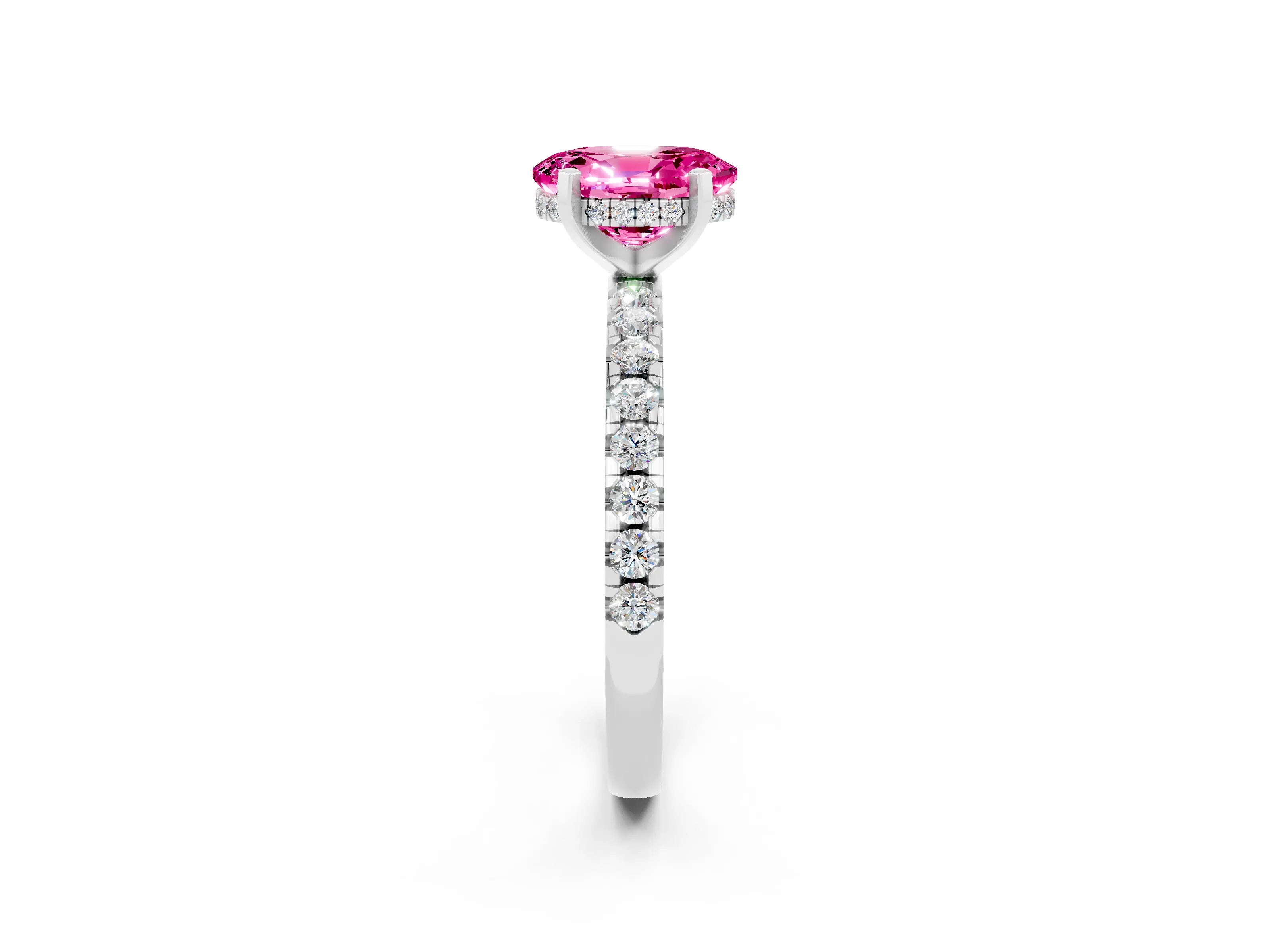White gold Oval Cut Pink Sapphire Solitaire Ring with Pavé Band and Four-Prong Setting_62