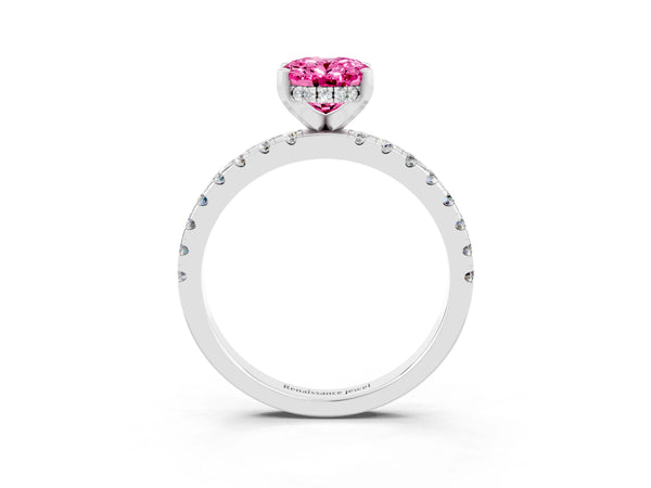 White gold Oval Cut Pink Sapphire Solitaire Ring with Round  Pavé Band and Four-Prong Setting