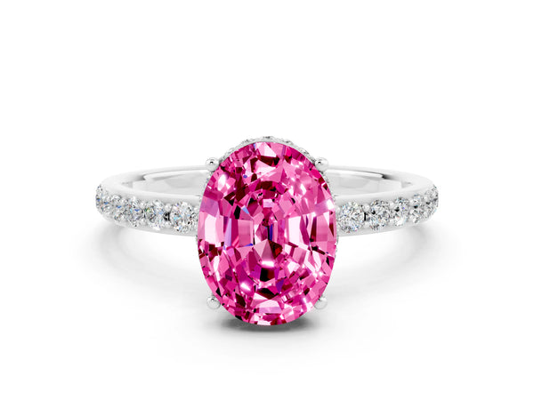 Platinum Oval Cut Pink Sapphire Solitaire Ring with Pavé Band and Hidden Halo
