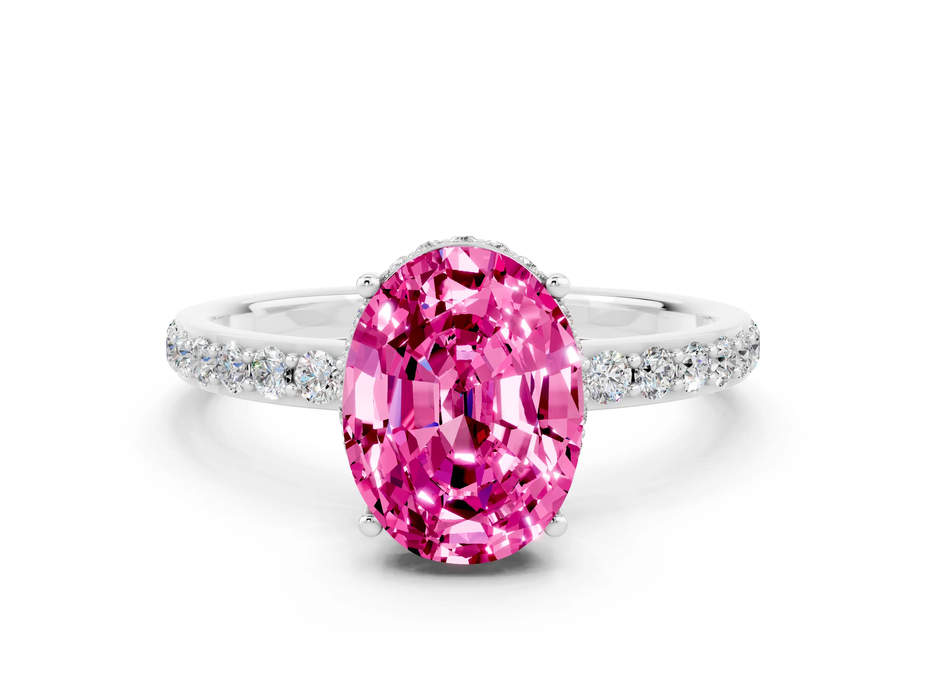 White gold Oval Cut Pink Sapphire Solitaire Ring with Pavé Band and Hidden Halo_12