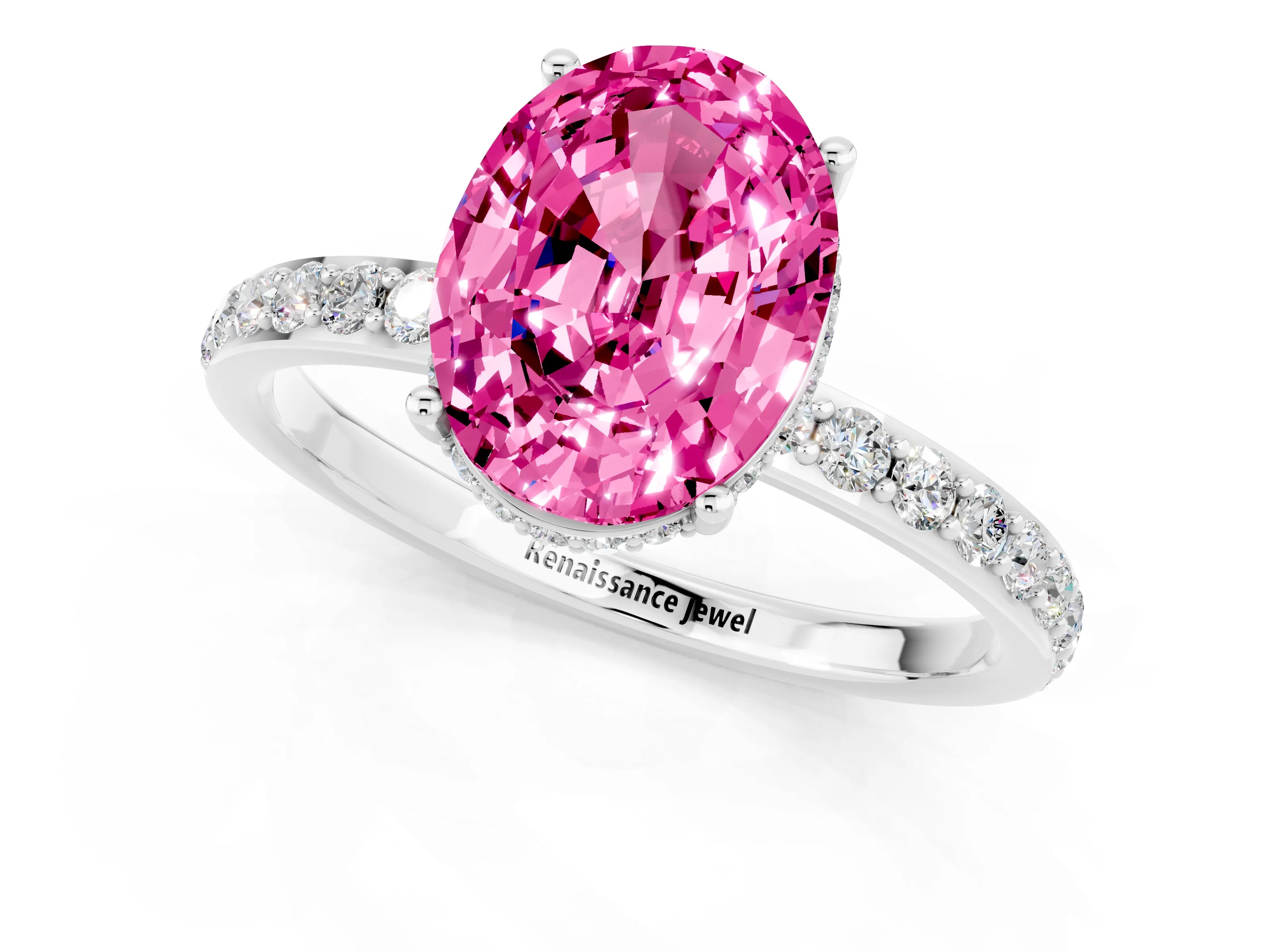 White gold Oval Cut Pink Sapphire Solitaire Ring with Pavé Band and Hidden Halo_1