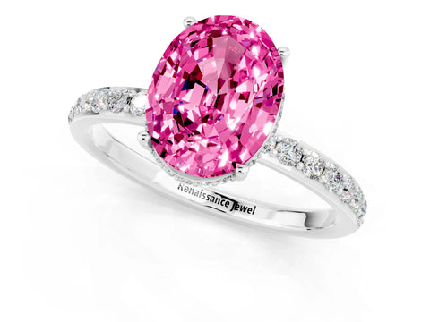 White gold Oval Cut Pink Sapphire Solitaire Ring with Pavé Band and Hidden Halo_1