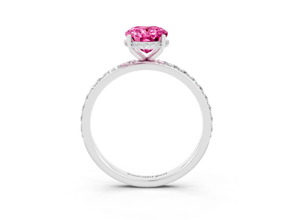 Platinum Oval Cut Pink Sapphire Solitaire Ring with Pavé Band and Hidden Halo