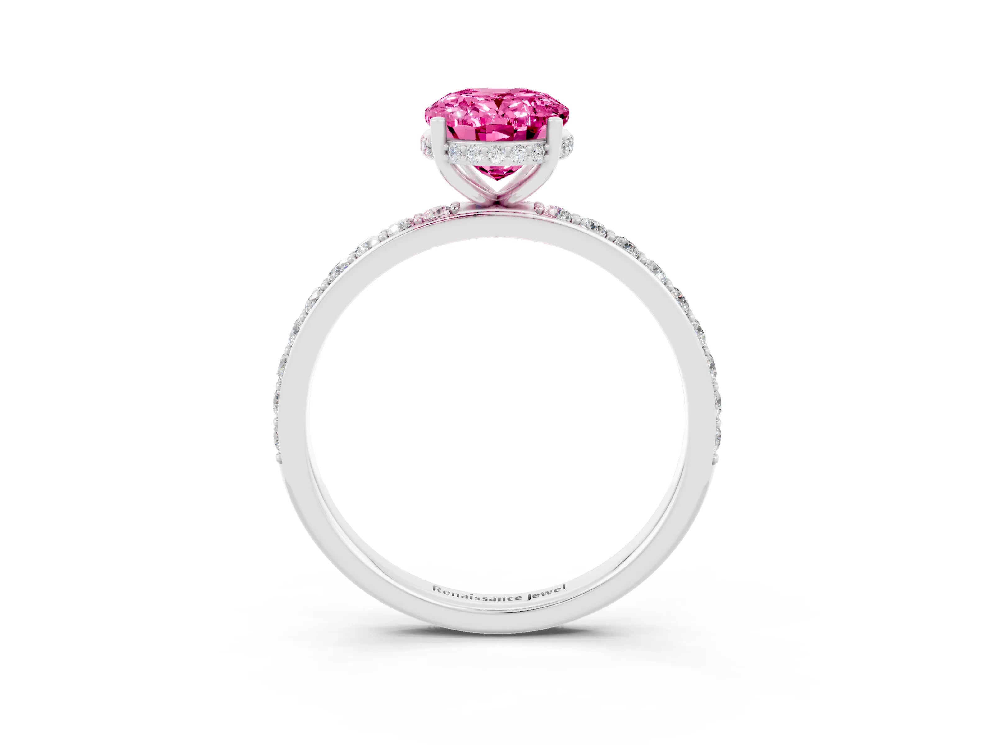 White gold Oval Cut Pink Sapphire Solitaire Ring with Pavé Band and Hidden Halo_3