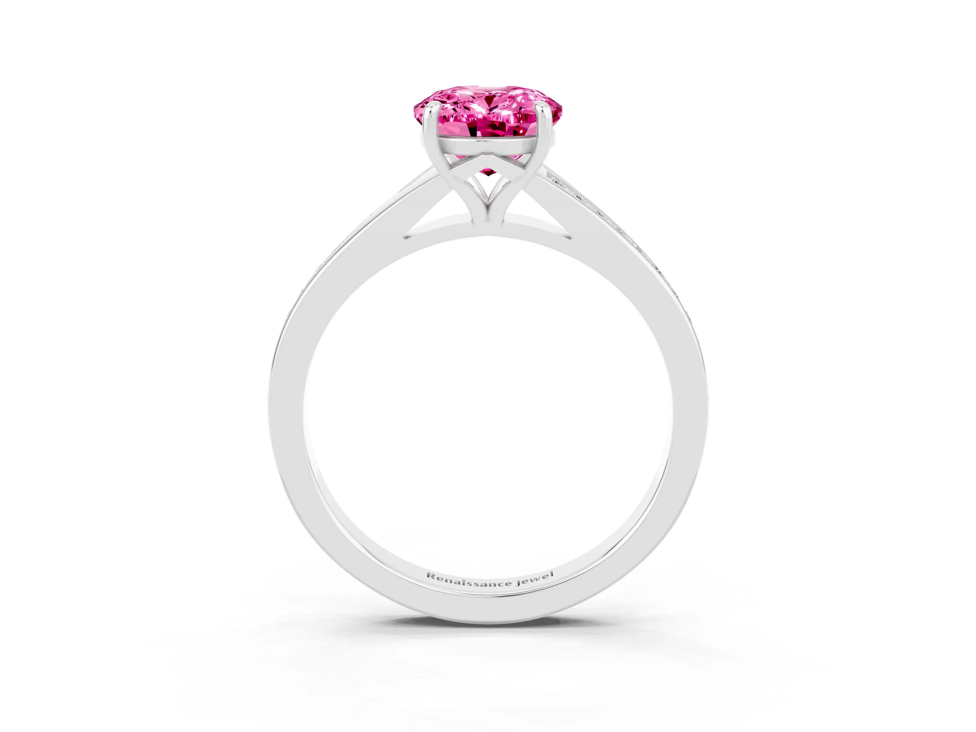 White gold Oval Cut Pink Sapphire Solitaire Ring with Pavé Band and Prong Setting_15