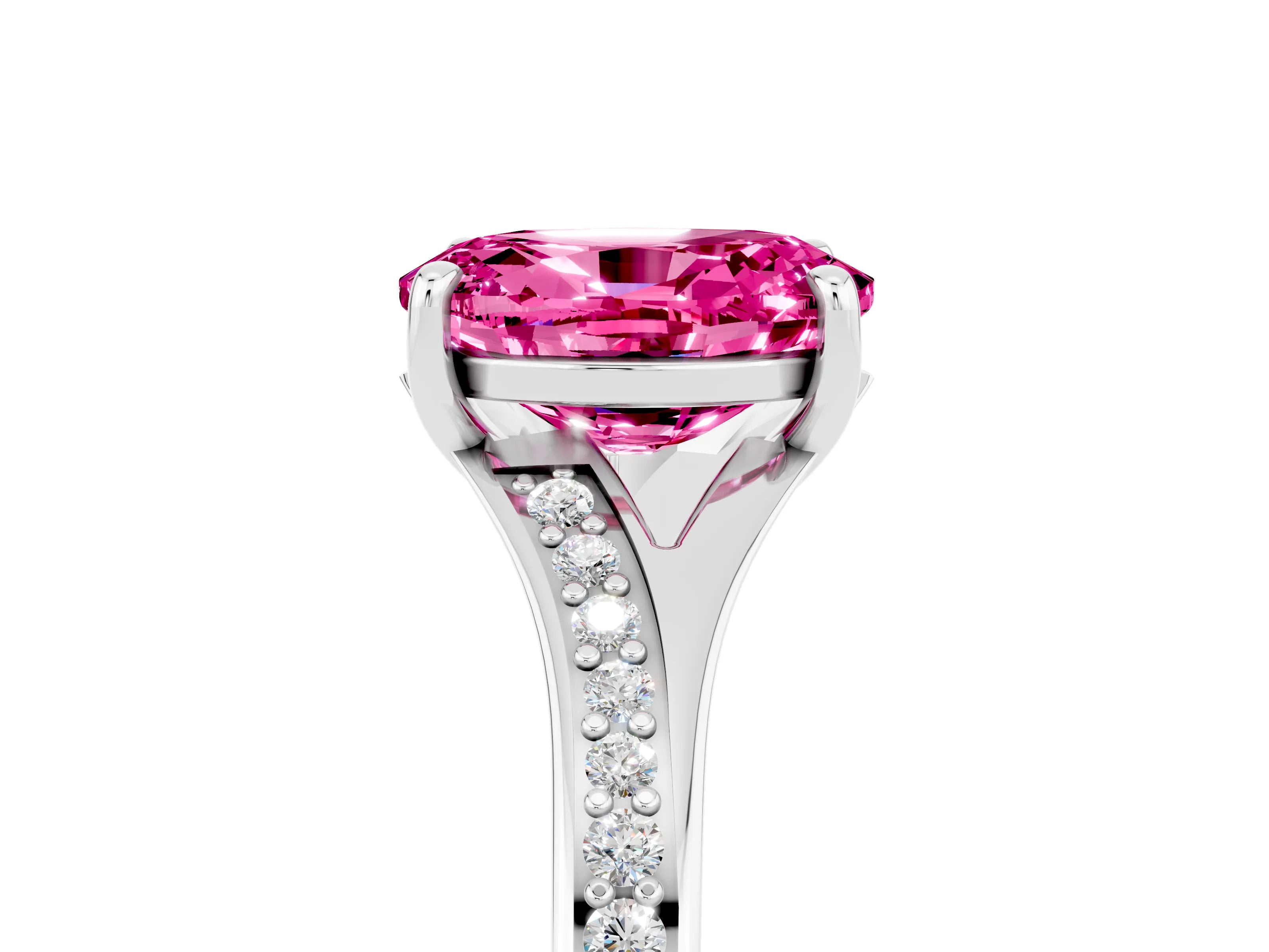 White gold Oval Cut Pink Sapphire Solitaire Ring with Pavé Band and Prong Setting_17