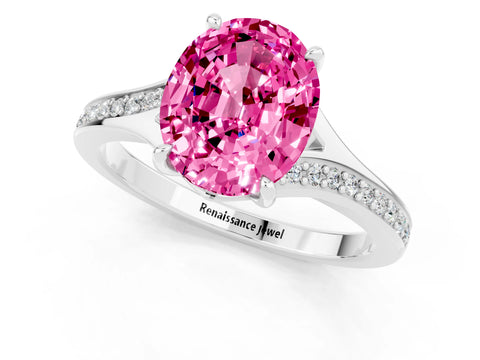 White gold Oval Cut Pink Sapphire Solitaire Ring with Pavé Band and Prong Setting_1