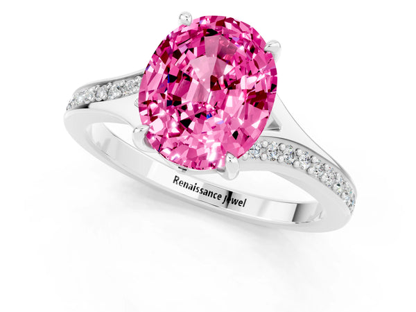 White gold Oval Cut Pink Sapphire Solitaire Ring with Pavé Band and Prong Setting