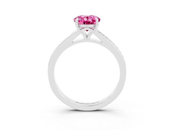 Platinum Oval Cut Pink Sapphire Solitaire Ring with Pavé Band and Prong Setting