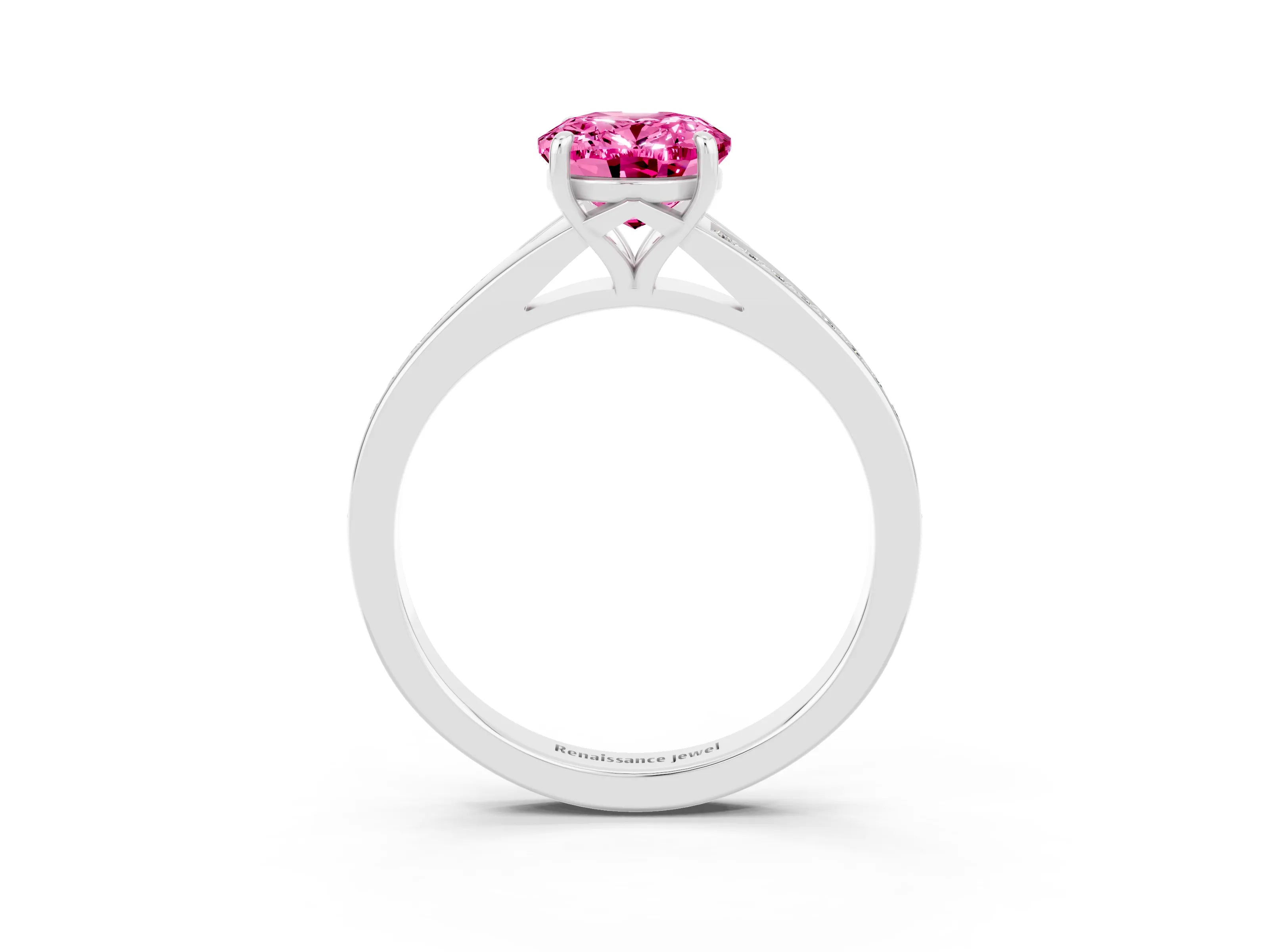 White gold Oval Cut Pink Sapphire Solitaire Ring with Pavé Band and Prong Setting_3