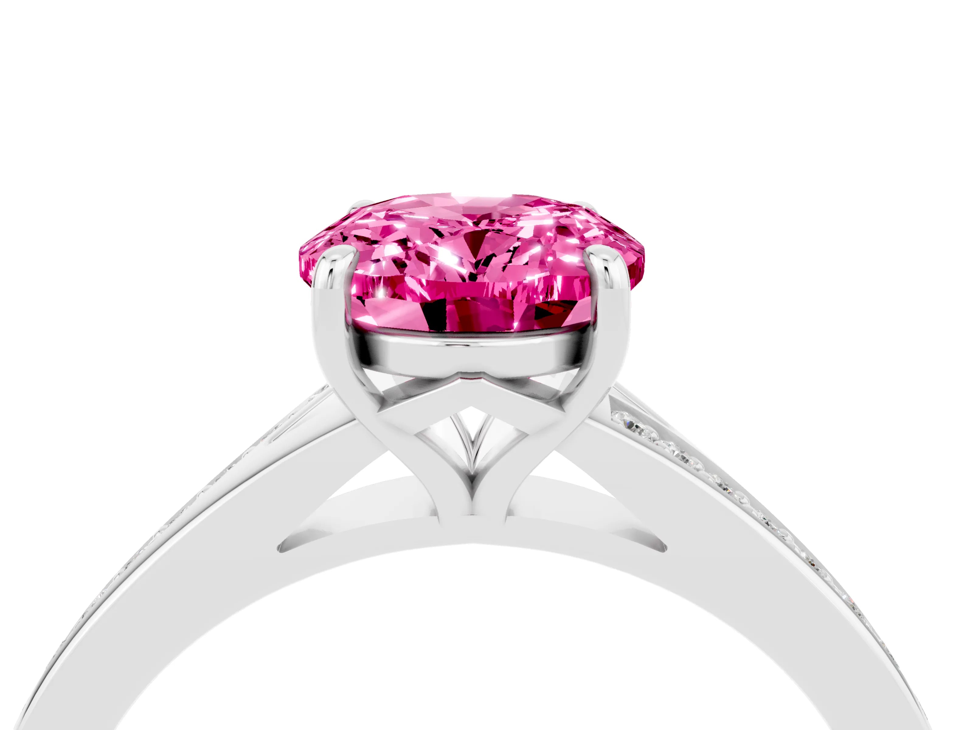 White gold Oval Cut Pink Sapphire Solitaire Ring with Pavé Band and Prong Setting_4