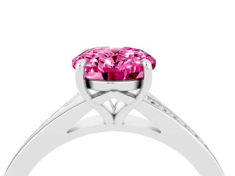White gold Oval Cut Pink Sapphire Solitaire Ring with Pavé Band and Prong Setting_4